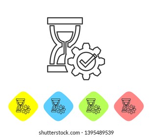Grey Hourglass and gear line icon on white background. Time Management symbol. Clock and gear icon. Productivity symbol. Set icon in color rhombus buttons. Vector Illustration