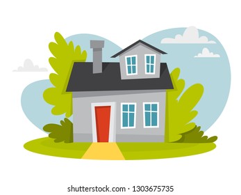 Grey house with black roof and trees around. City cottage building. Modern apartment. Urban architecture. Isolated flat vector illustration