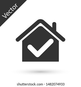 Grey House with check mark icon isolated on white background. Real estate agency or cottage town elite class.  Vector Illustration