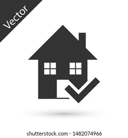 Grey House with check mark icon isolated on white background. Real estate agency or cottage town elite class.  Vector Illustration