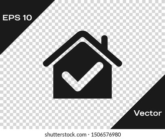 Grey House with check mark icon isolated on transparent background. Real estate agency or cottage town elite class.  Vector Illustration
