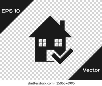 Grey House with check mark icon isolated on transparent background. Real estate agency or cottage town elite class.  Vector Illustration