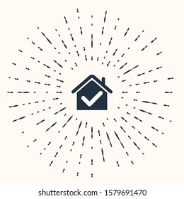Grey House with check mark icon isolated on beige background. Real estate agency or cottage town elite class. Abstract circle random dots. Vector Illustration