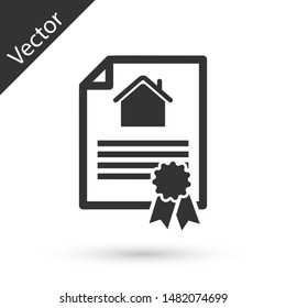 Grey House contract icon isolated on white background. Contract creation service, document formation, application form composition.  Vector Illustration