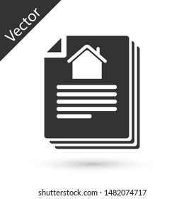 Grey House contract icon isolated on white background. Contract creation service, document formation, application form composition.  Vector Illustration