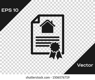 Grey House contract icon isolated on transparent background. Contract creation service, document formation, application form composition.  Vector Illustration