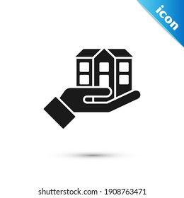 Grey House in hand icon isolated on white background. Insurance concept. Security, safety, protection, protect concept.  Vector