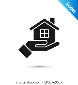 Grey House in hand icon isolated on white background. Insurance concept. Security, safety, protection, protect concept.  Vector