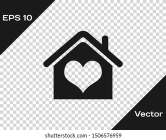 Grey House with heart shape icon isolated on transparent background. Love home symbol. Family, real estate and realty.  Vector Illustration