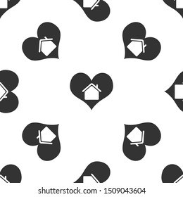 Grey House with heart shape icon isolated seamless pattern on white background. Love home symbol. Family, real estate and realty.  Vector Illustration