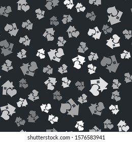 Grey House with heart shape icon isolated seamless pattern on black background. Love home symbol. Family, real estate and realty.  Vector Illustration