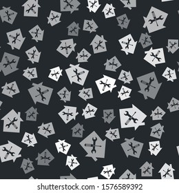 Grey House or home with screwdriver and wrench icon isolated seamless pattern on black background. Adjusting, service, setting, maintenance, repair, fixing.  Vector Illustration