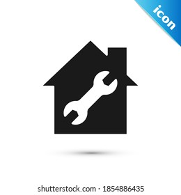 Grey House or home with wrench icon isolated on white background. Adjusting, service, setting, maintenance, repair, fixing.  Vector