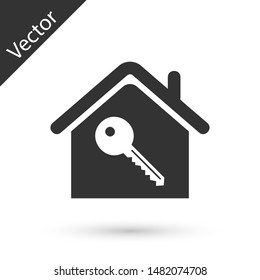 Grey House with key icon isolated on white background. The concept of the house turnkey.  Vector Illustration