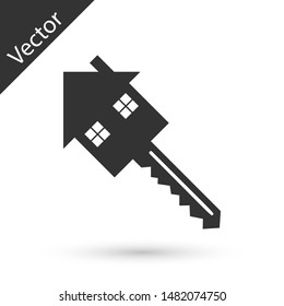 Grey House with key icon isolated on white background. The concept of the house turnkey.  Vector Illustration