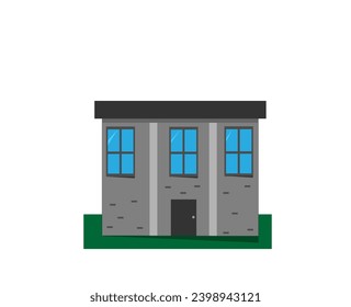 casa gris con grandes ventanas sobre césped verde con sombra sobre fondo blanco