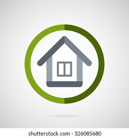 Grey house logo template. House made thick cut lines inside the green circle. Creative symbol for company identity, advertising, poster, banner, web and flyer.