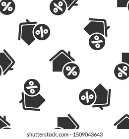 Grey House with percant discount tag icon isolated seamless pattern on white background. House percentage sign price. Real estate home. Credit percentage symbol.  Vector Illustration