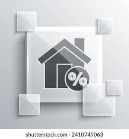 Grey House with percant discount tag icon isolated on grey background. House percentage sign price. Real estate home. Square glass panels. Vector Illustration
