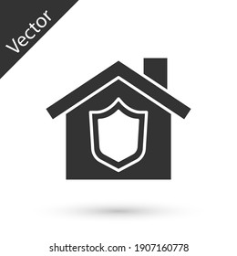 Casa gris con icono de escudo aislado en fondo blanco. Concepto de seguro. Seguridad, seguridad, protección, concepto de protección. Vector.