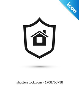 Grey House with shield icon isolated on white background. Insurance concept. Security, safety, protection, protect concept.  Vector