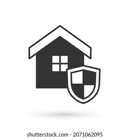 Grey House with shield icon isolated on white background. Insurance concept. Security, safety, protection, protect concept.  Vector