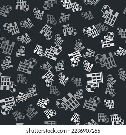 Grey House with shield icon isolated seamless pattern on black background. Insurance concept. Security, safety, protection, protect concept.  Vector