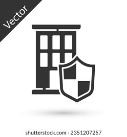 Grey House with shield icon isolated on white background. Insurance concept. Security, safety, protection, protect concept.  Vector