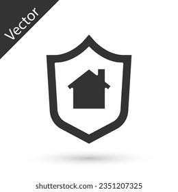 Grey House with shield icon isolated on white background. Insurance concept. Security, safety, protection, protect concept.  Vector