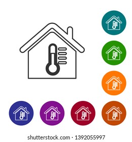 Grey House temperature line icon isolated on white background. Thermometer icon. Set icon in color circle buttons. Vector Illustration