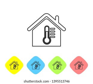 Grey House temperature line icon isolated on white background. Thermometer icon. Set icon in color rhombus buttons. Vector Illustration