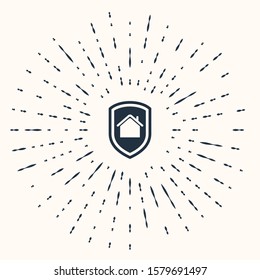 Grey House under protection icon isolated on beige background. Home and shield. Protection, safety, security, protect, defense concept. Abstract circle random dots. Vector Illustration