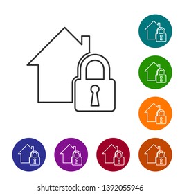 Grey House under protection line icon isolated on white background. Home and lock. Protection, safety, security, protect, defense concept. Set icon in color circle buttons. Vector Illustration