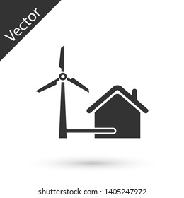 Grey House with wind turbine for electric energy generation icon isolated on white background. Eco-friendly house. Environmental Protection. Vector Illustration
