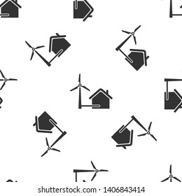 Grey House with wind turbine for electric energy generation icon isolated seamless pattern on white background. Eco-friendly house. Environmental Protection. Vector Illustration