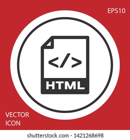 Grey HTML file document icon. Download html button icon isolated on red background. HTML file symbol. Markup language symbol. White circle button. Vector Illustration