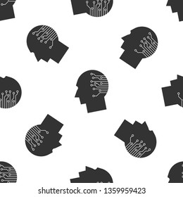Grey Human brain as digital circuit board icon isolated seamless pattern on white background. Artificial Intelligence. Human head outline with circuit lines inside. Vector Illustration