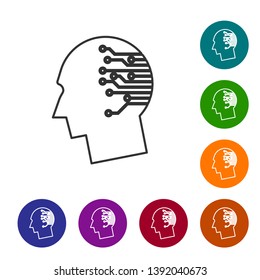 Grey Human brain as digital circuit board line icon on white background. Artificial Intelligence. Human head outline with circuit lines inside. Set icon in color circle buttons. Vector Illustration