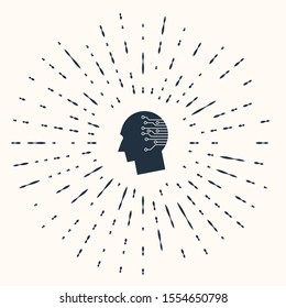 Grey Human brain as digital circuit board icon isolated on beige background. Artificial Intelligence. Human head outline with circuit lines inside. Abstract circle random dots. Vector Illustration