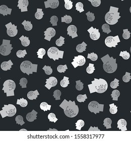 Grey Human brain as digital circuit board icon isolated seamless pattern on black background. Artificial Intelligence. Human head outline with circuit lines inside.  Vector Illustration