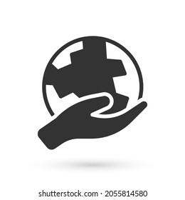 Grey Human hand holding Earth globe icon isolated on white background. Save earth concept.  Vector