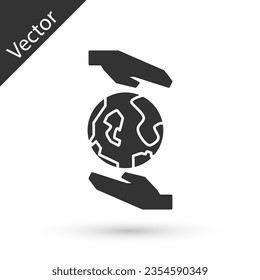 Grey Human hands holding Earth globe icon isolated on white background. Save earth concept.  Vector Illustration