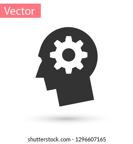Grey Human head with gear inside icon isolated on white background. Artificial intelligence. Thinking brain sign. Symbol work of brain. Vector Illustration