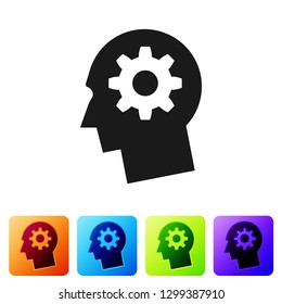 Grey Human head with gear inside icon isolated on white background. Artificial intelligence. Thinking brain sign. Symbol work of brain. Set icon in color square buttons. Vector Illustration