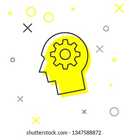 Grey Human head with gear inside line icon isolated on white background. Artificial intelligence. Thinking brain sign. Symbol work of brain. Vector Illustration