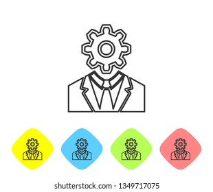 Grey Human head with gear inside line icon isolated on white background. Artificial intelligence. Thinking brain sign. Symbol work of brain. Set icon in color rhombus buttons. Vector Illustration