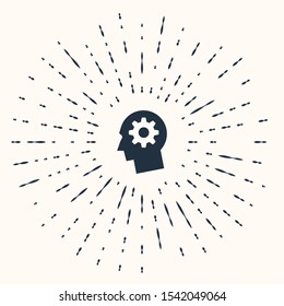 Grey Human head with gear inside icon isolated on beige background. Artificial intelligence. Thinking brain sign. Symbol work of brain. Abstract circle random dots. Vector Illustration