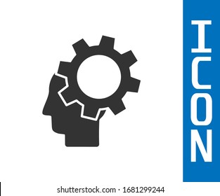 Grey Human head with gear inside icon isolated on white background. Artificial intelligence. Thinking brain. Symbol work of brain.  Vector Illustration