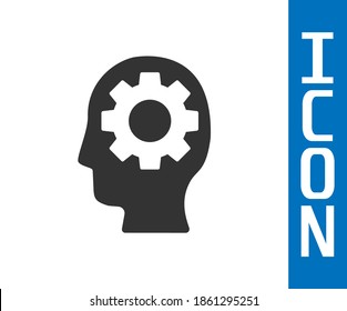 Grey Human head with gear inside icon isolated on white background. Artificial intelligence. Thinking brain. Symbol work of brain.  Vector