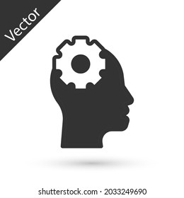 Cabeza humana gris con el engranaje dentro del icono aislado sobre fondo blanco. Inteligencia artificial. Pensando en el cerebro. Trabajo de símbolo del cerebro.  Vector